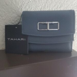 Tahari NWT Elia Trifold RFID Slate Blue Mist Wallet with Silver Hardware